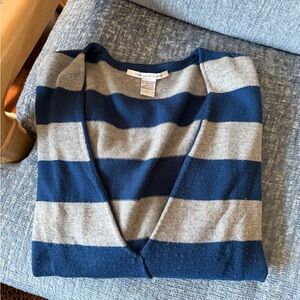 Diane von Furstenberg Grey & Blue Striped deep V-Neck Sweater wool & cashmere
